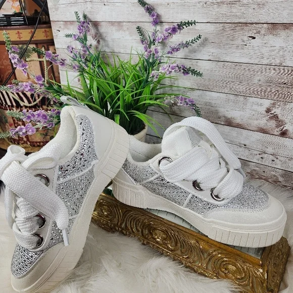 GIANNI BINI, Stylish White, Silver and clear stones, Women's Sneakers, Sz 8.5M - Picture 6 of 11